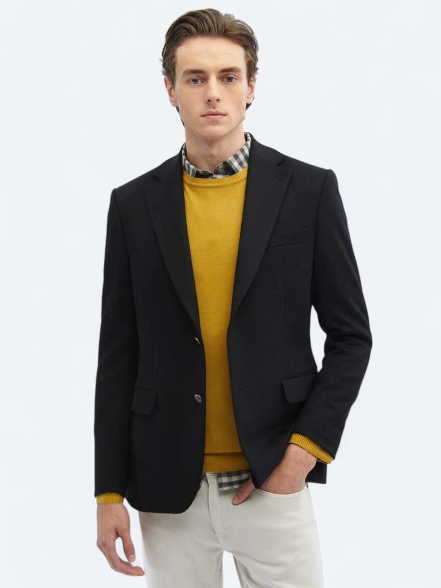 Black Plain Regular Fit Wool Blended Jacket - 1