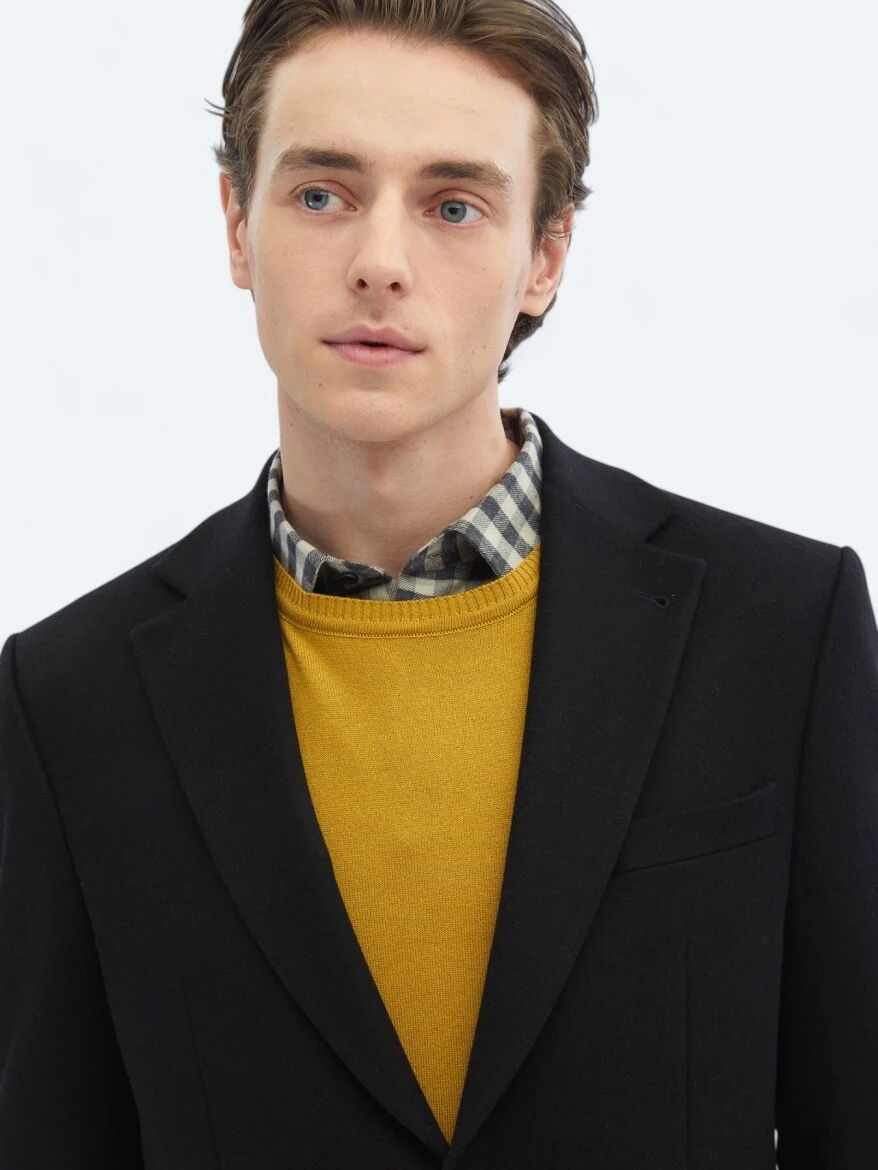 Black Plain Regular Fit Wool Blended Jacket - 4