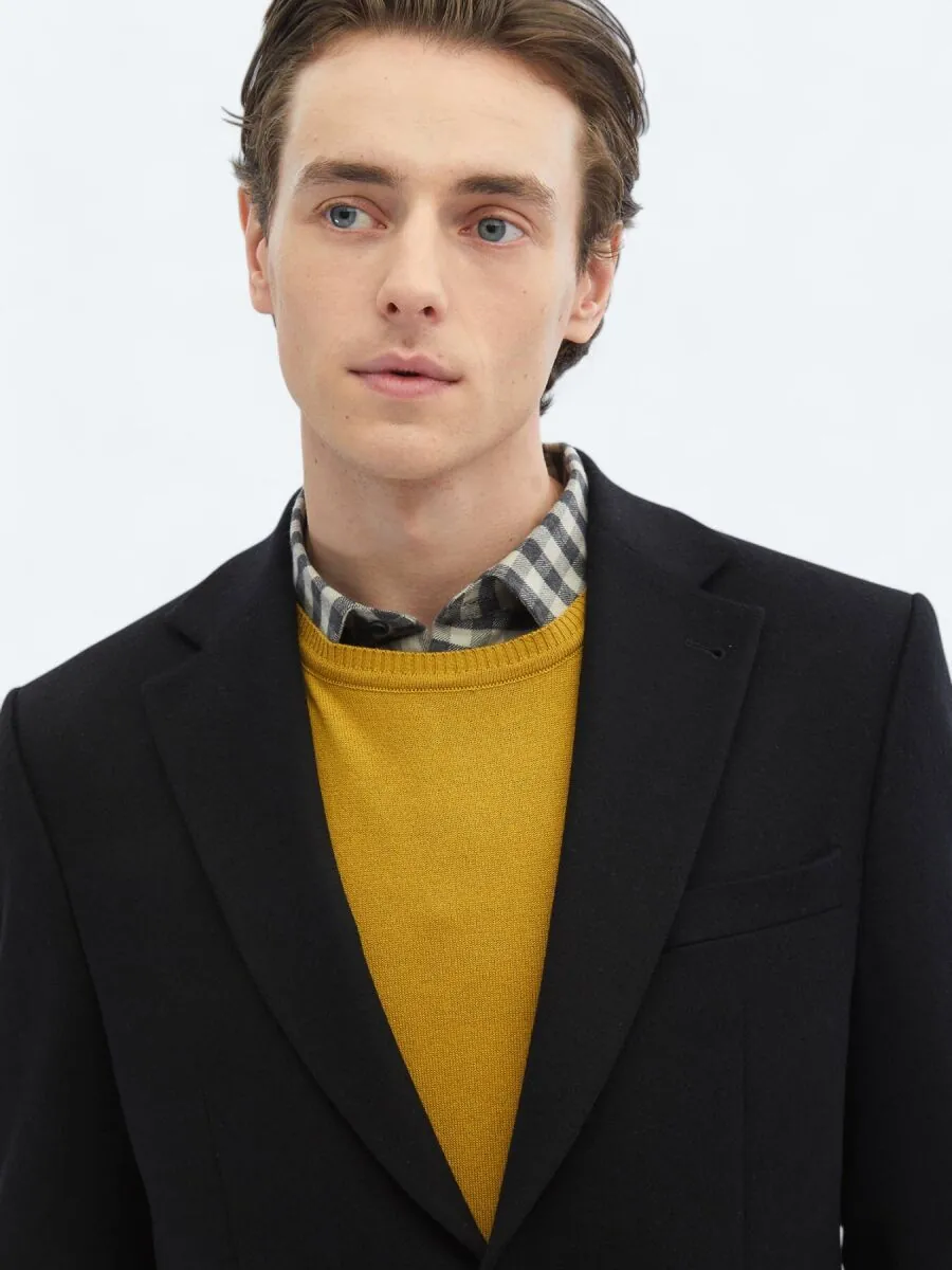 Black Plain Regular Fit Wool Blended Jacket - 4