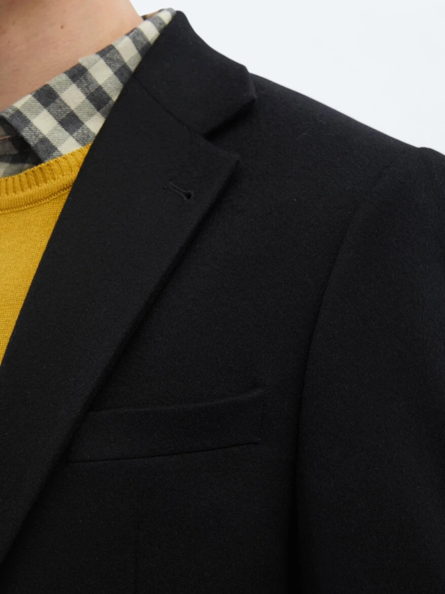 Black Plain Regular Fit Wool Blended Jacket - 5