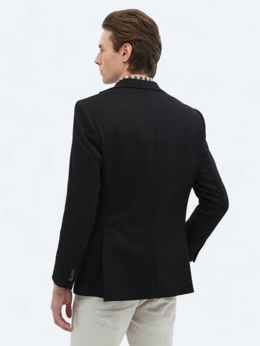 Black Plain Regular Fit Wool Blended Jacket - 6