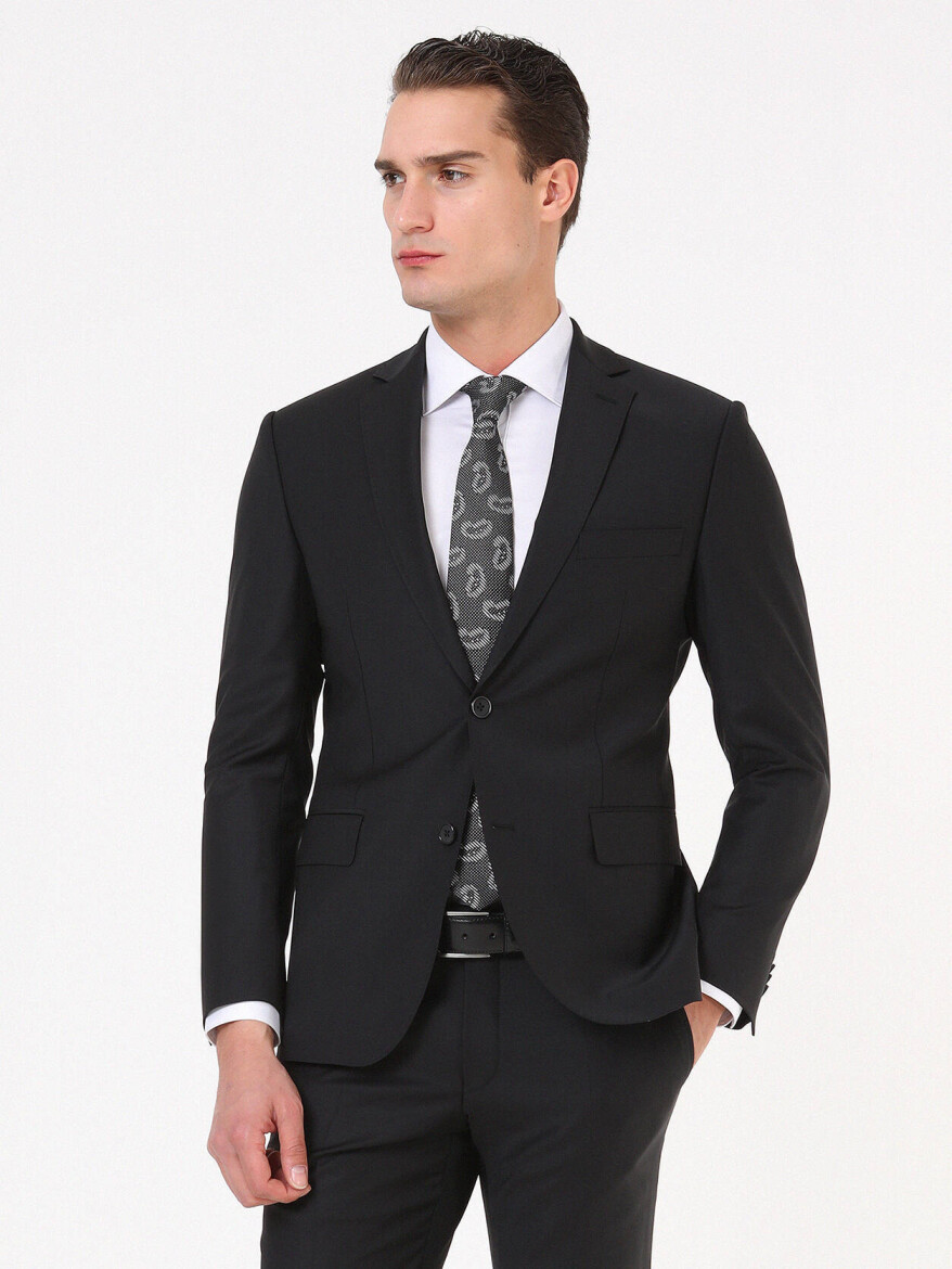 Black Plain Regular Fit Wool Blended Suit - 1