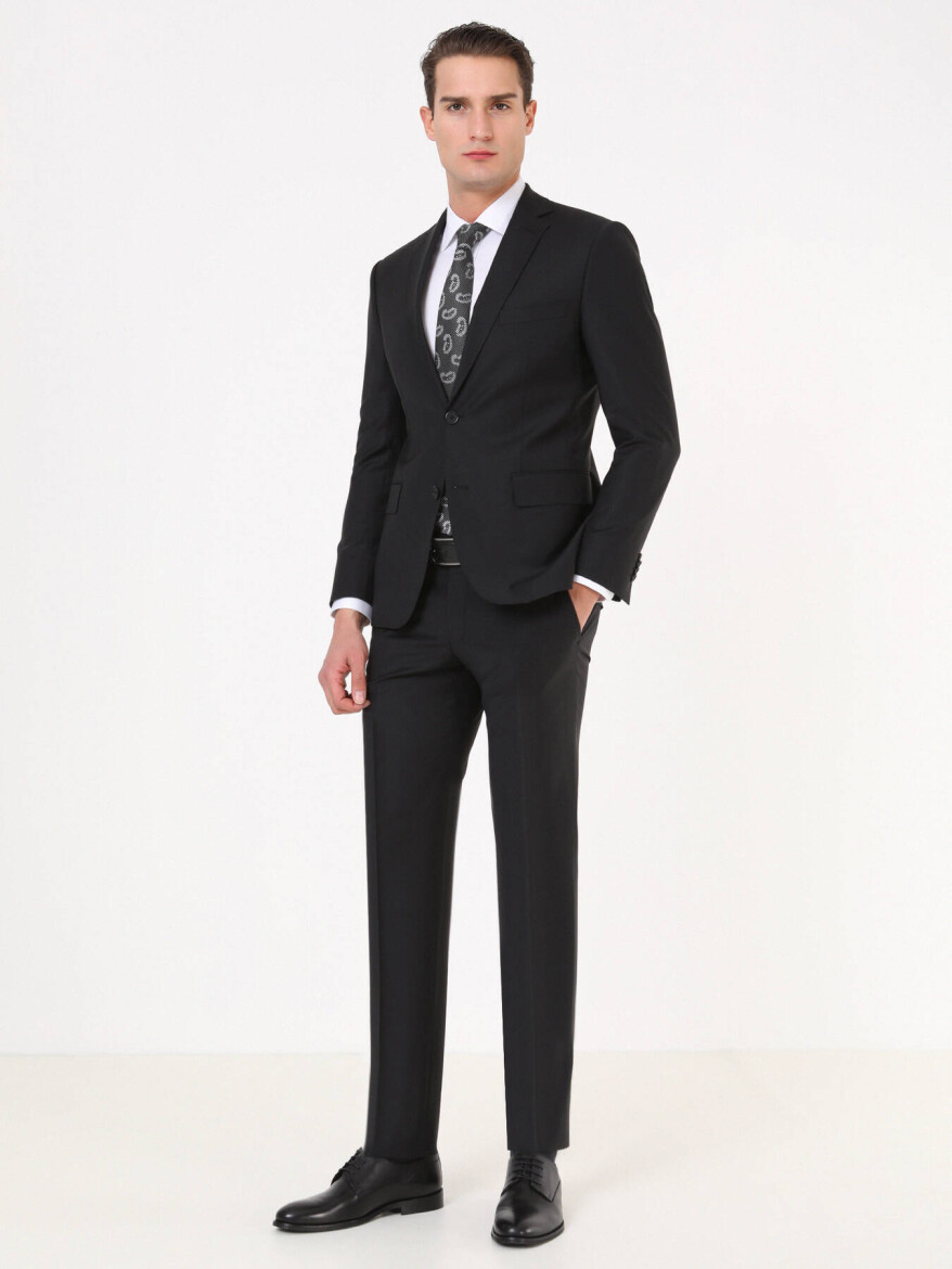 Black Plain Regular Fit Wool Blended Suit - 4