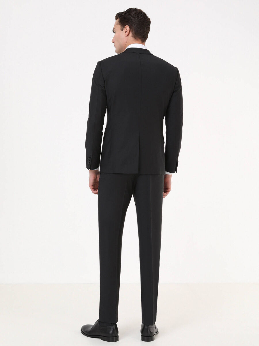 Black Plain Regular Fit Wool Blended Suit - 5