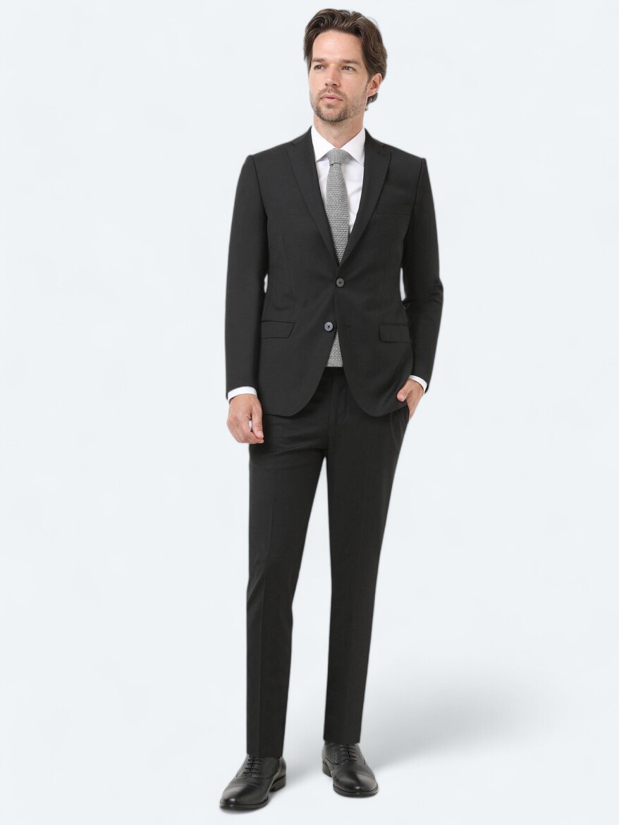 Black Plain Regular Fit Wool Blended Suit 