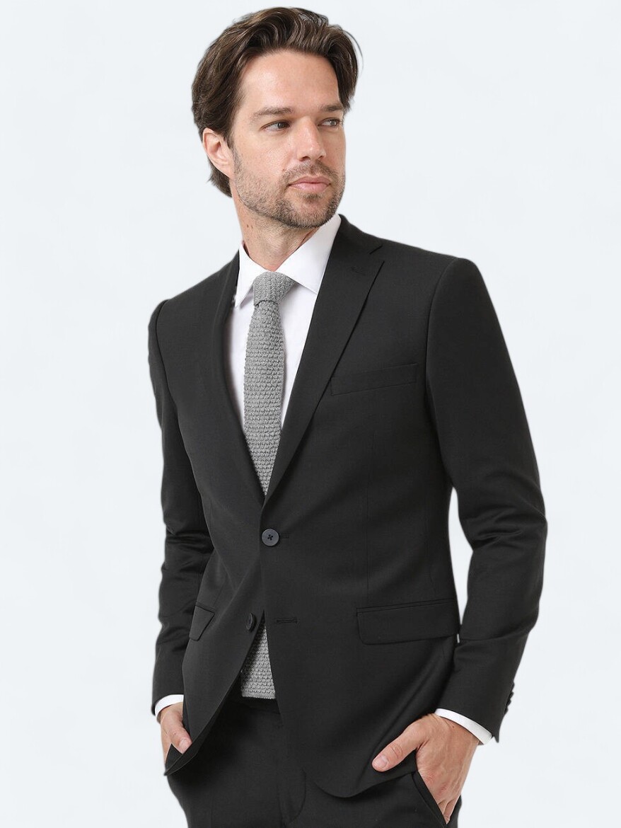 Black Plain Regular Fit Wool Blended Suit - 2