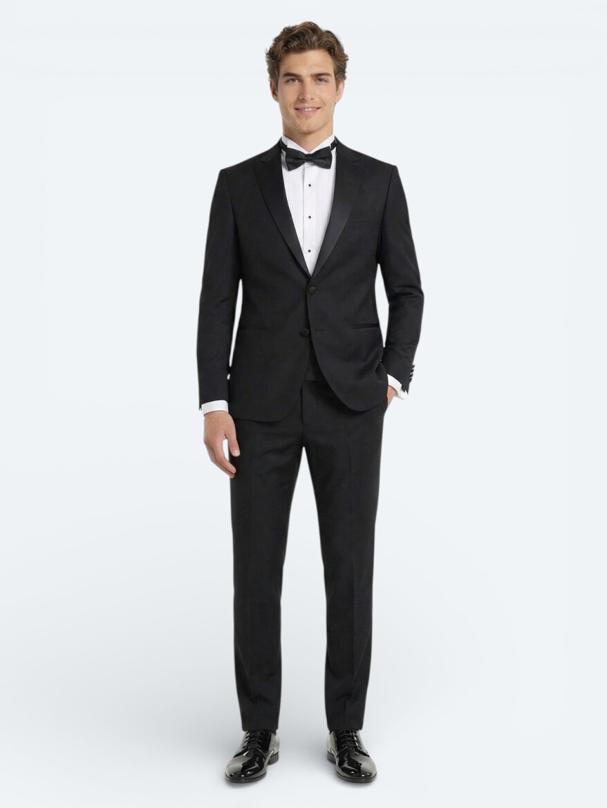 Black Plain Slim Fit Double Breasted Collar Weaving Tuxedo - 2