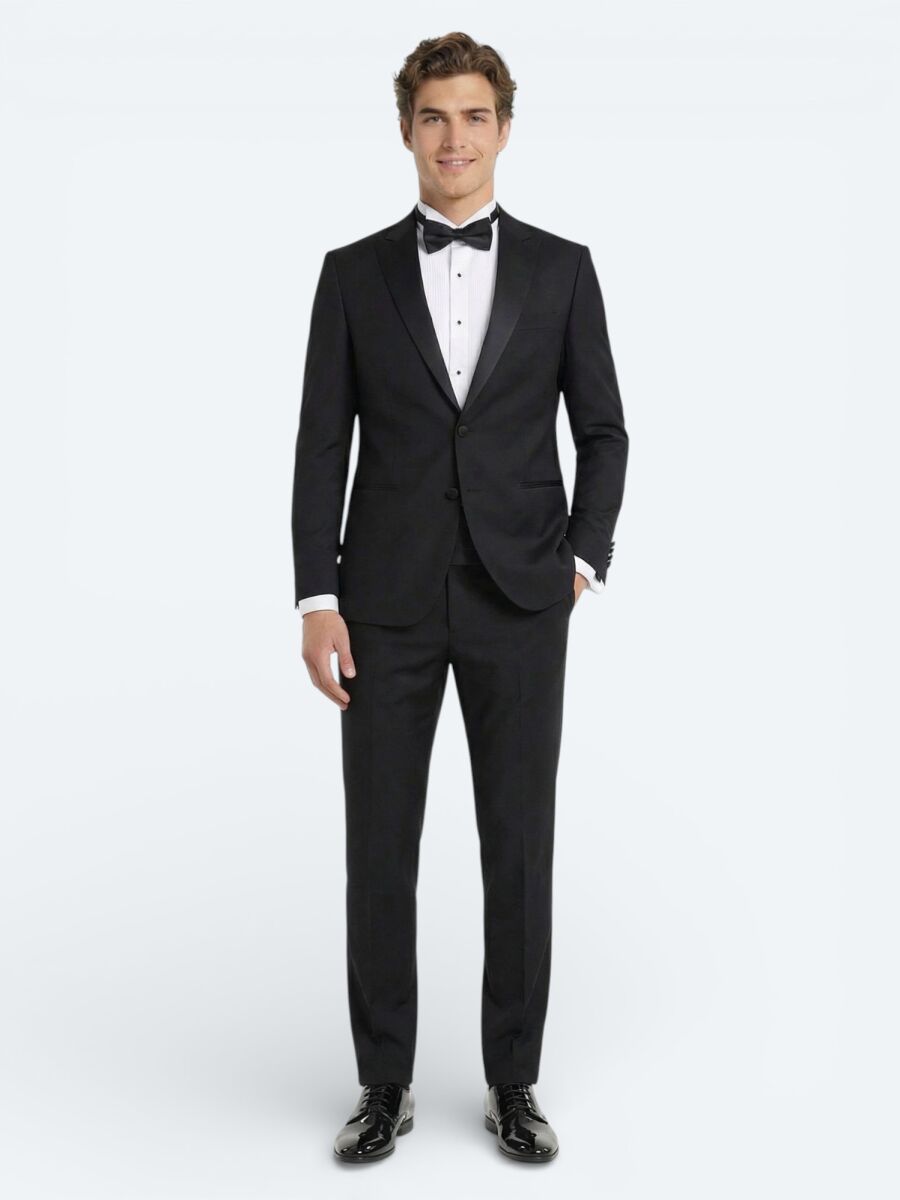 Black Plain Slim Fit Double Breasted Collar Weaving Tuxedo - 2
