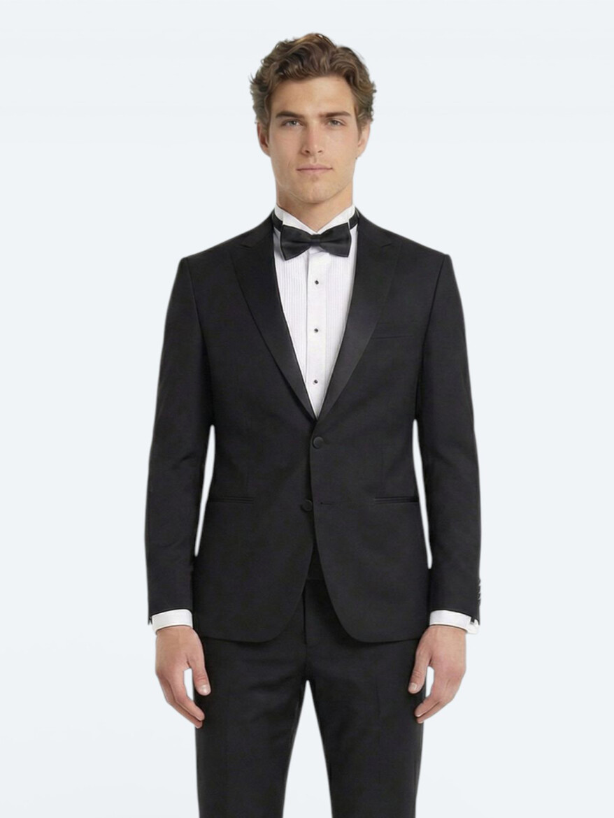 Black Plain Slim Fit Double Breasted Collar Weaving Tuxedo - 3