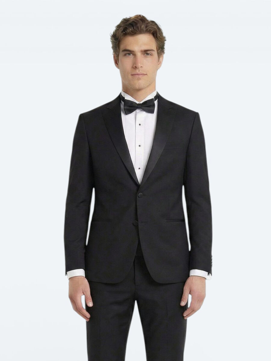 Black Plain Slim Fit Double Breasted Collar Weaving Tuxedo - 3