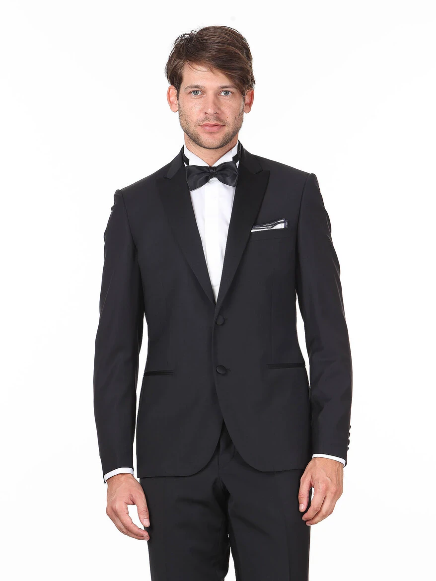 Black Plain Slim Fit Double Breasted Collar Weaving Tuxedo - 1