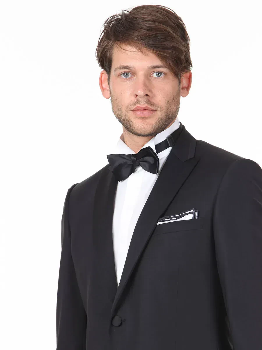 Black Plain Slim Fit Double Breasted Collar Weaving Tuxedo - 2