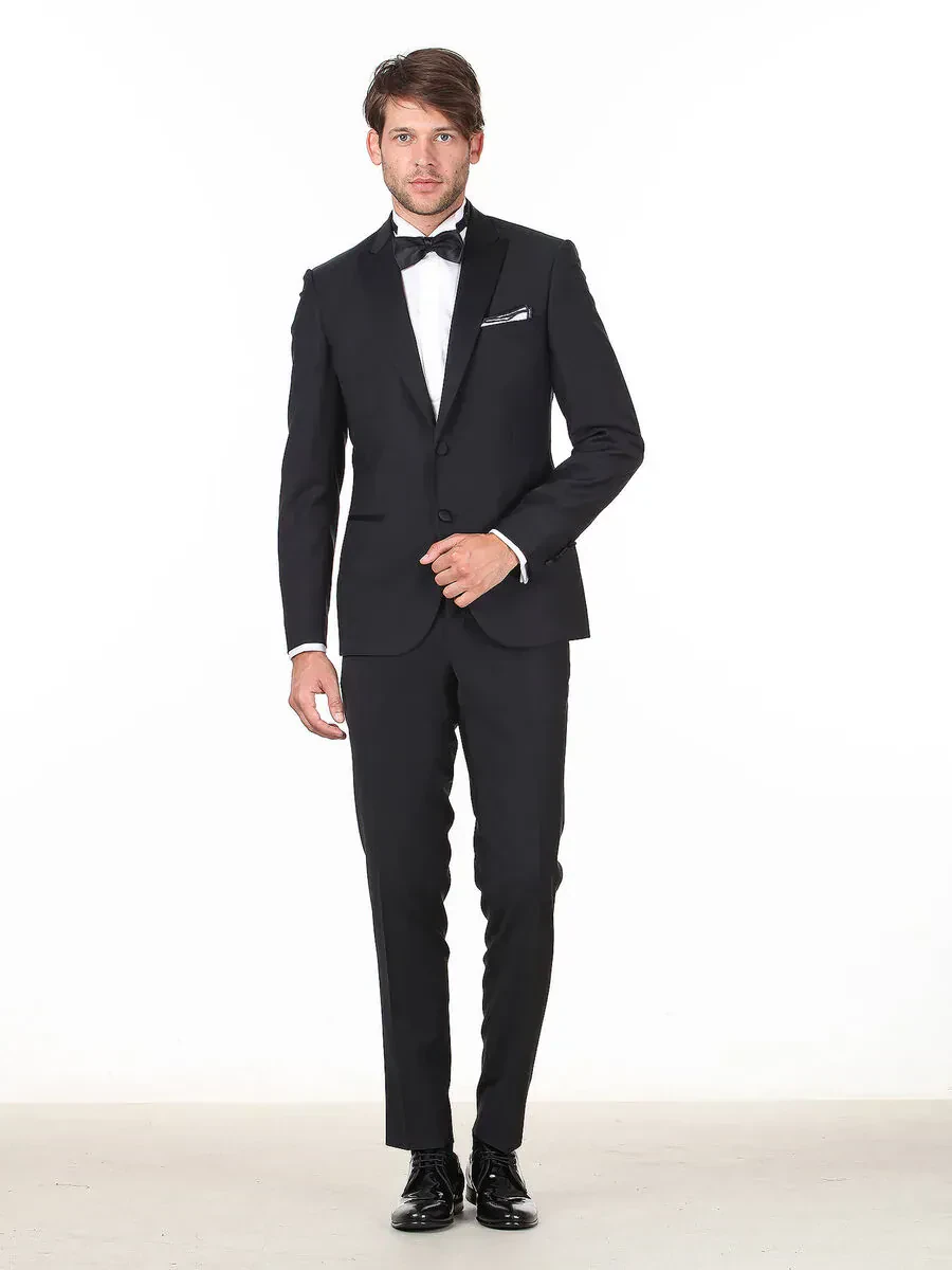 Black Plain Slim Fit Double Breasted Collar Weaving Tuxedo - 3