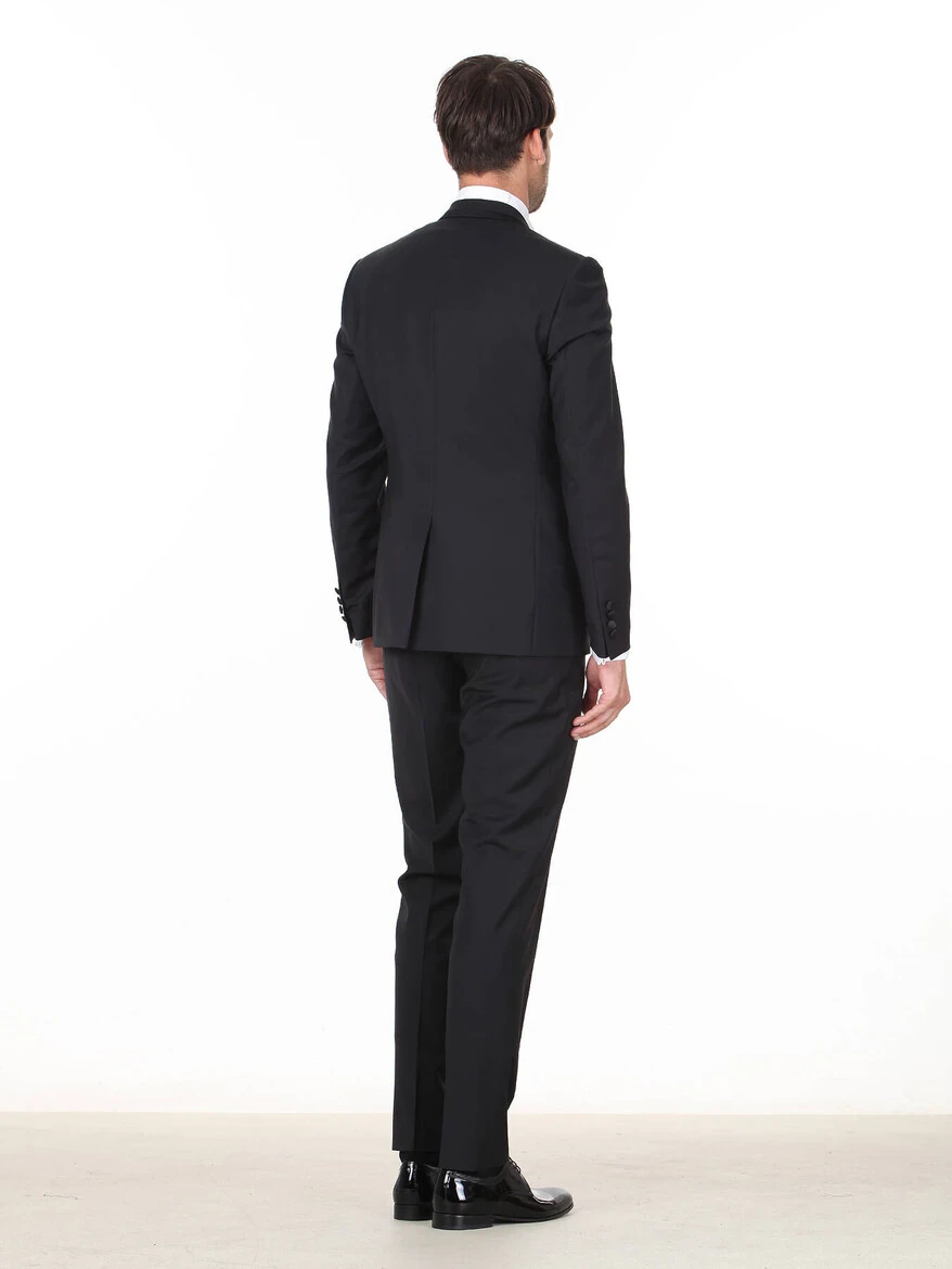 Black Plain Slim Fit Double Breasted Collar Weaving Tuxedo - 4