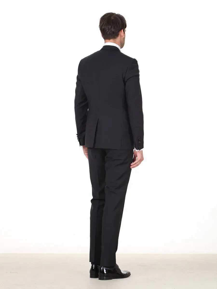 Black Plain Slim Fit Double Breasted Collar Weaving Tuxedo - 4