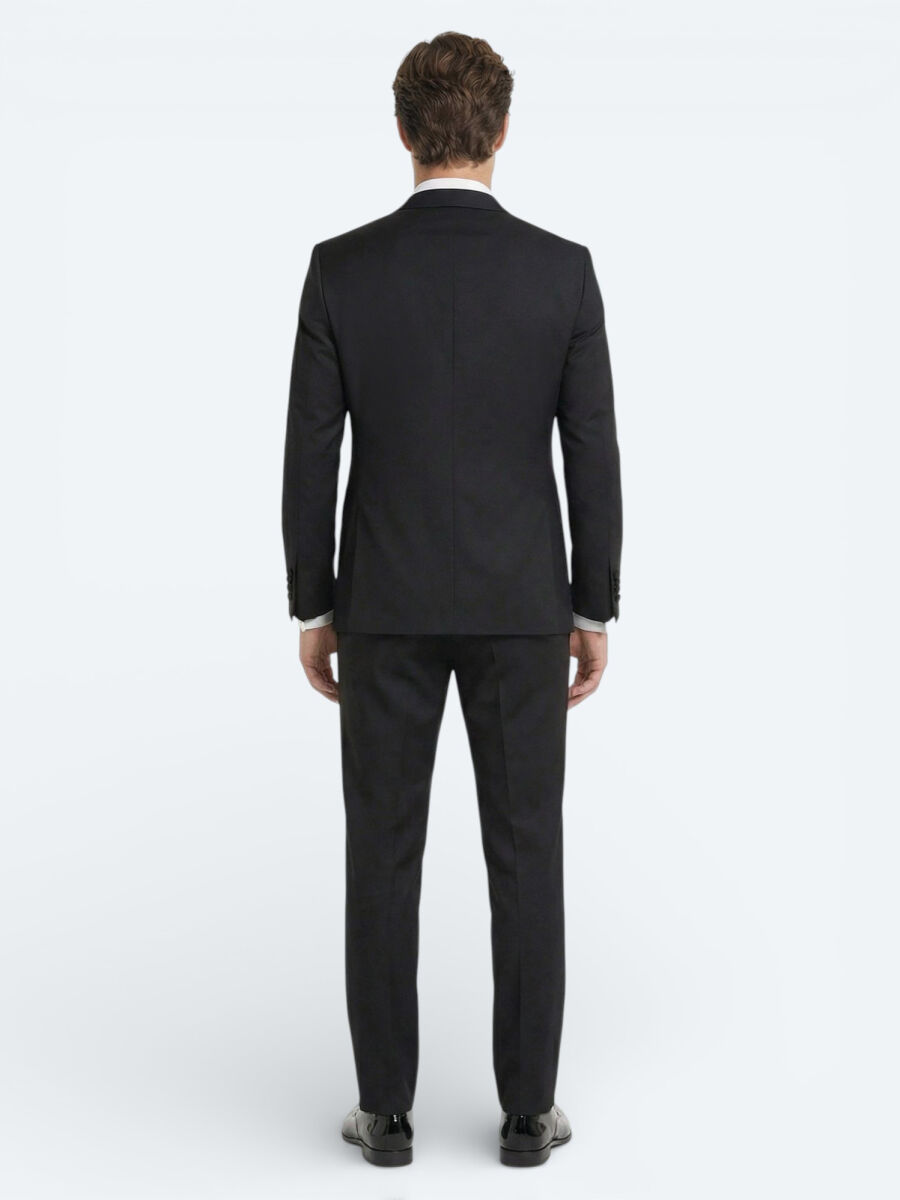 Black Plain Slim Fit Double Breasted Collar Weaving Tuxedo - 4