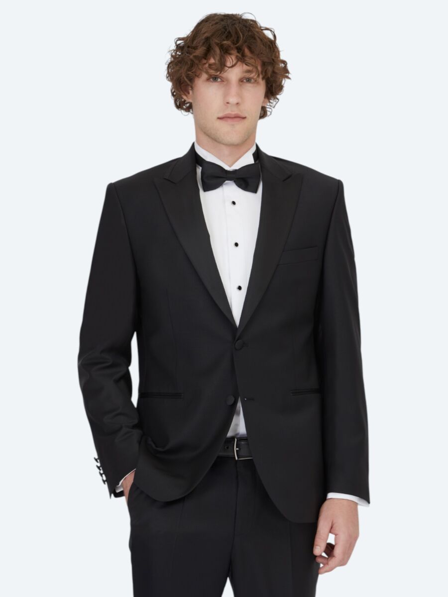Black Plain Slim Fit Double Breasted Collar Weaving Tuxedo - 2