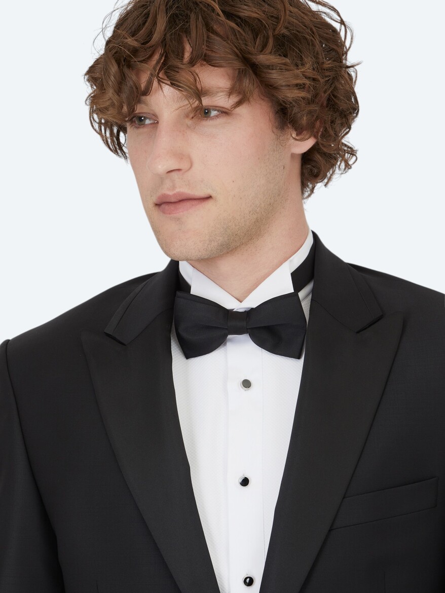 Black Plain Slim Fit Double Breasted Collar Weaving Tuxedo - 3