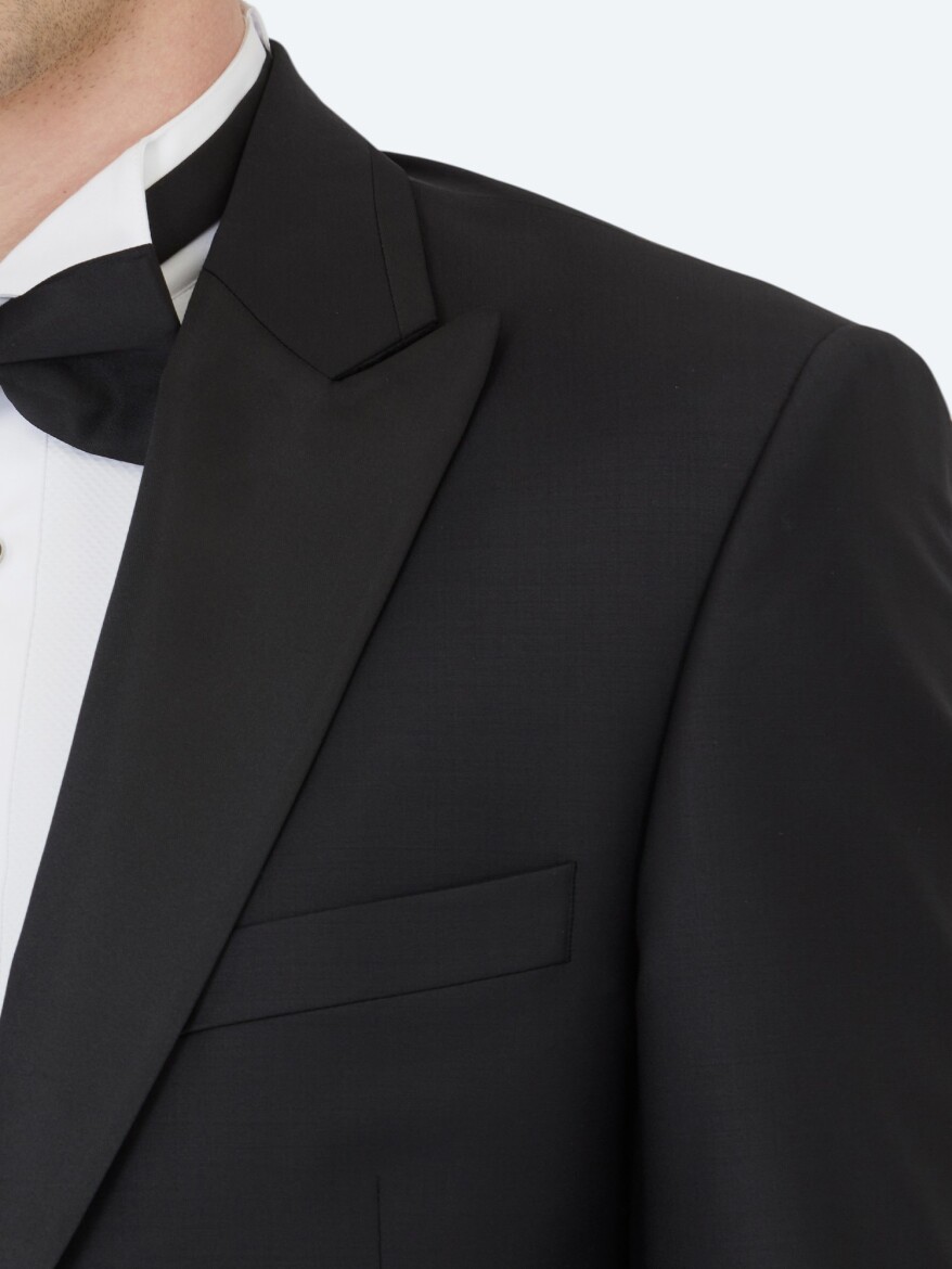 Black Plain Slim Fit Double Breasted Collar Weaving Tuxedo - 4