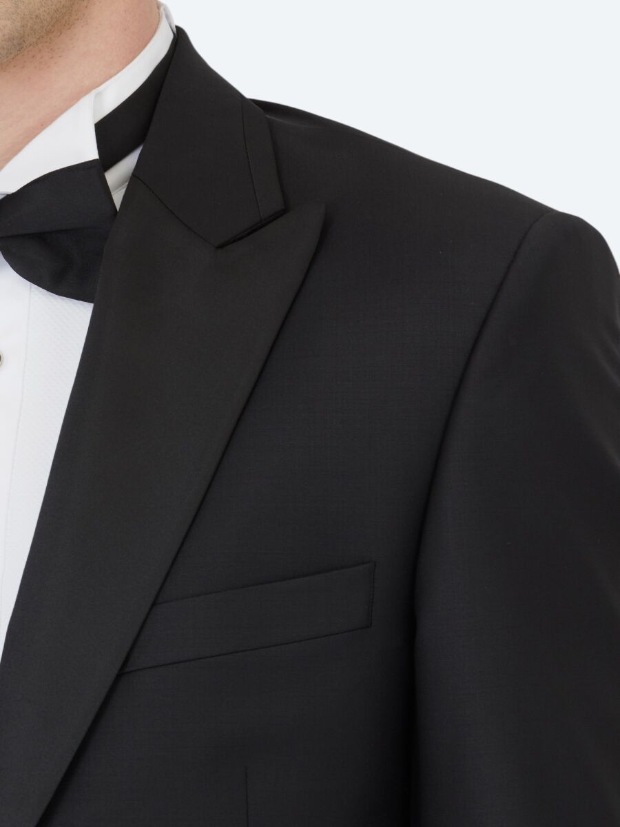 Black Plain Slim Fit Double Breasted Collar Weaving Tuxedo - 4