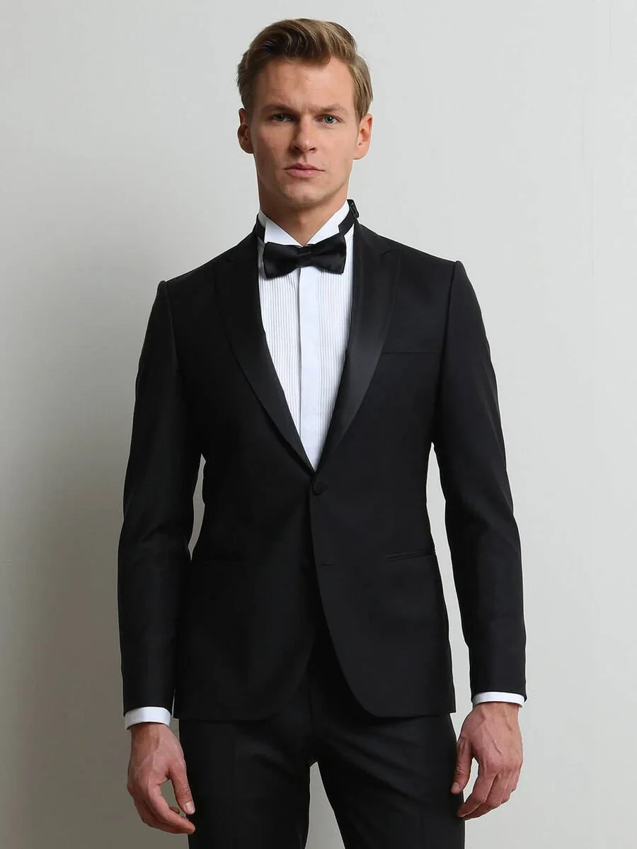 Black Plain Slim Fit Double Breasted Collar Weaving Tuxedo - 1