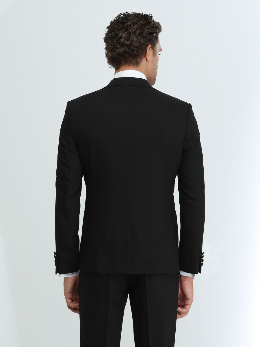 Black Plain Slim Fit Double Breasted Collar Weaving Tuxedo - 5