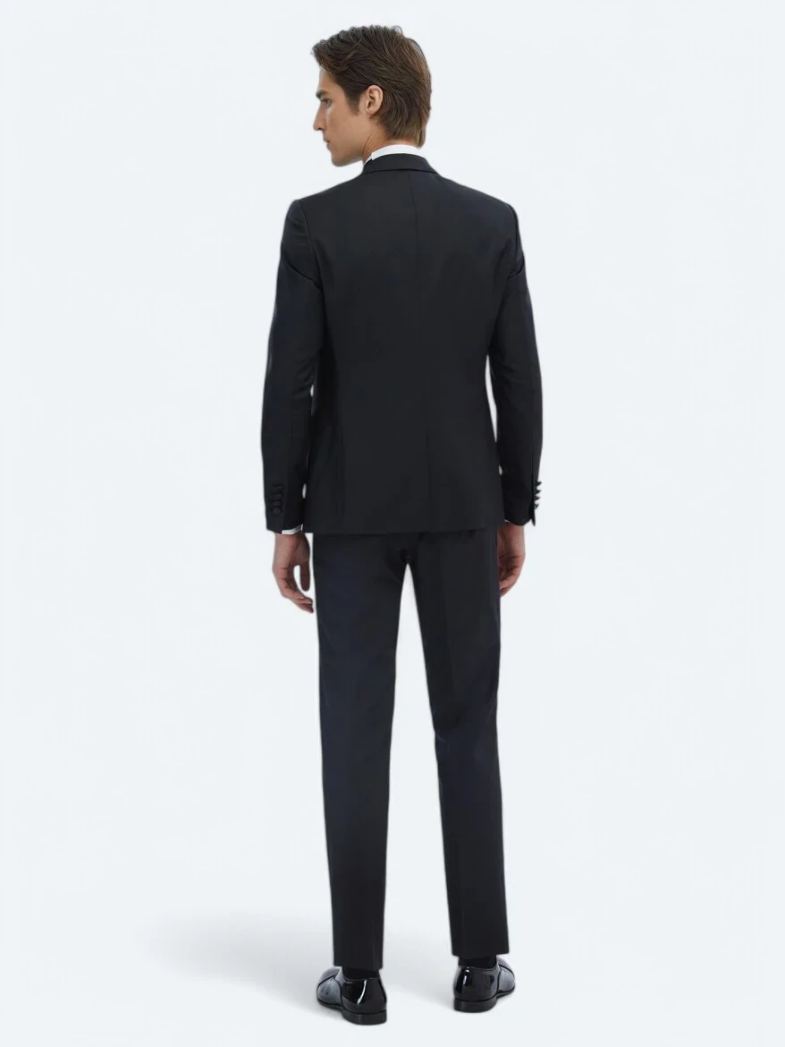 Black Plain Slim Fit Double Breasted Collar Weaving Tuxedo - 5