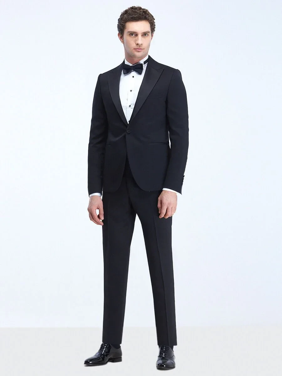 Black Plain Slim Fit Double Breasted Collar Weaving Tuxedo - 2