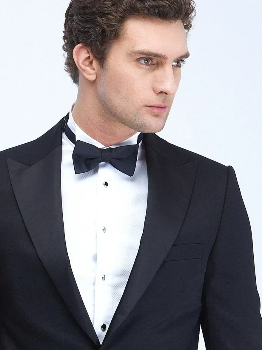 Black Plain Slim Fit Double Breasted Collar Weaving Tuxedo - 3