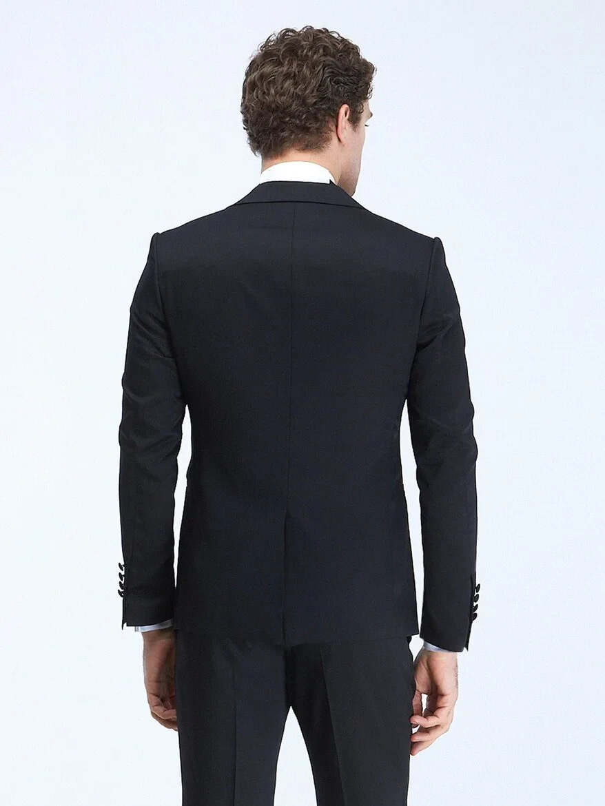 Black Plain Slim Fit Double Breasted Collar Weaving Tuxedo - 5