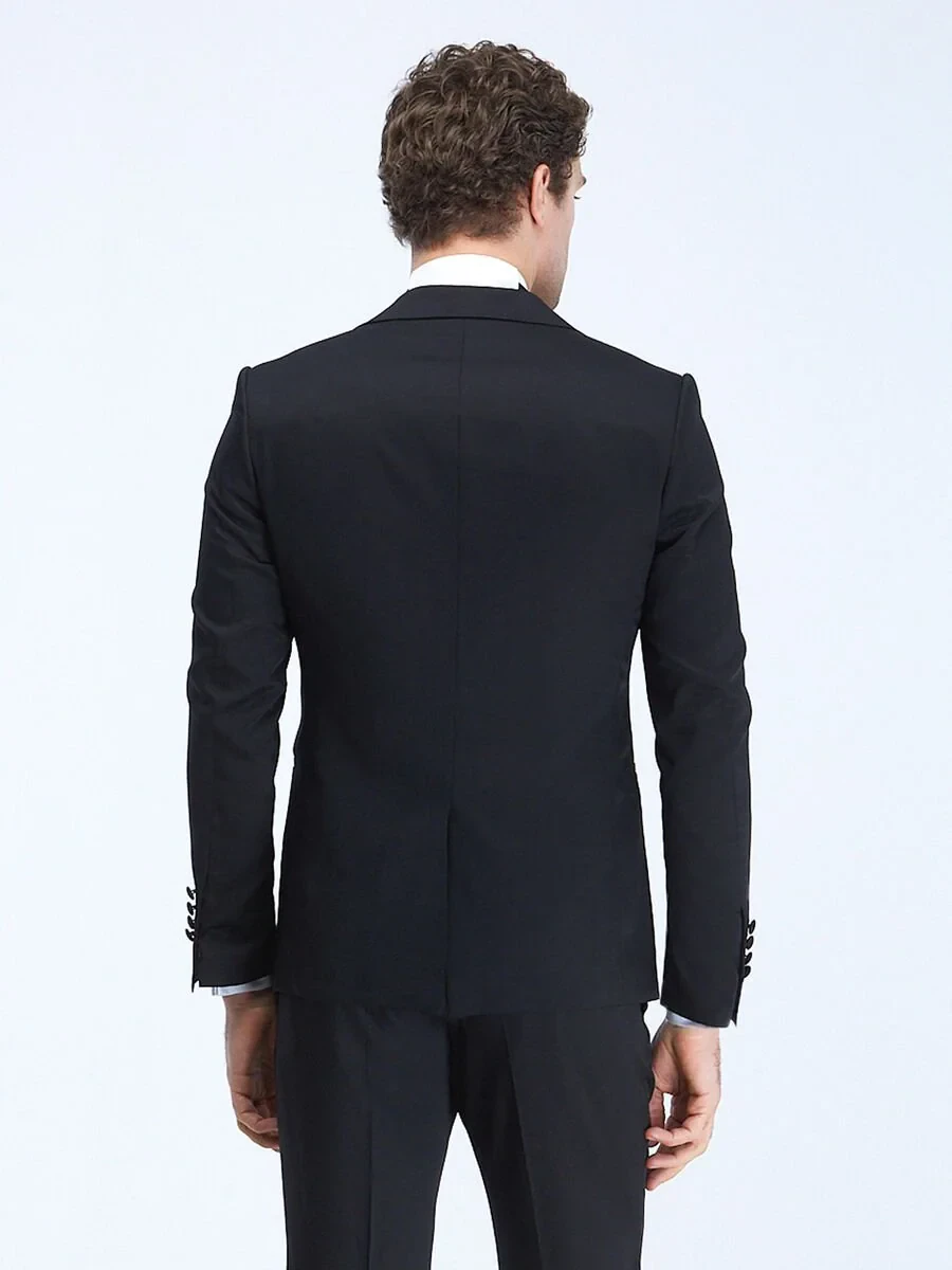 Black Plain Slim Fit Double Breasted Collar Weaving Tuxedo - 5