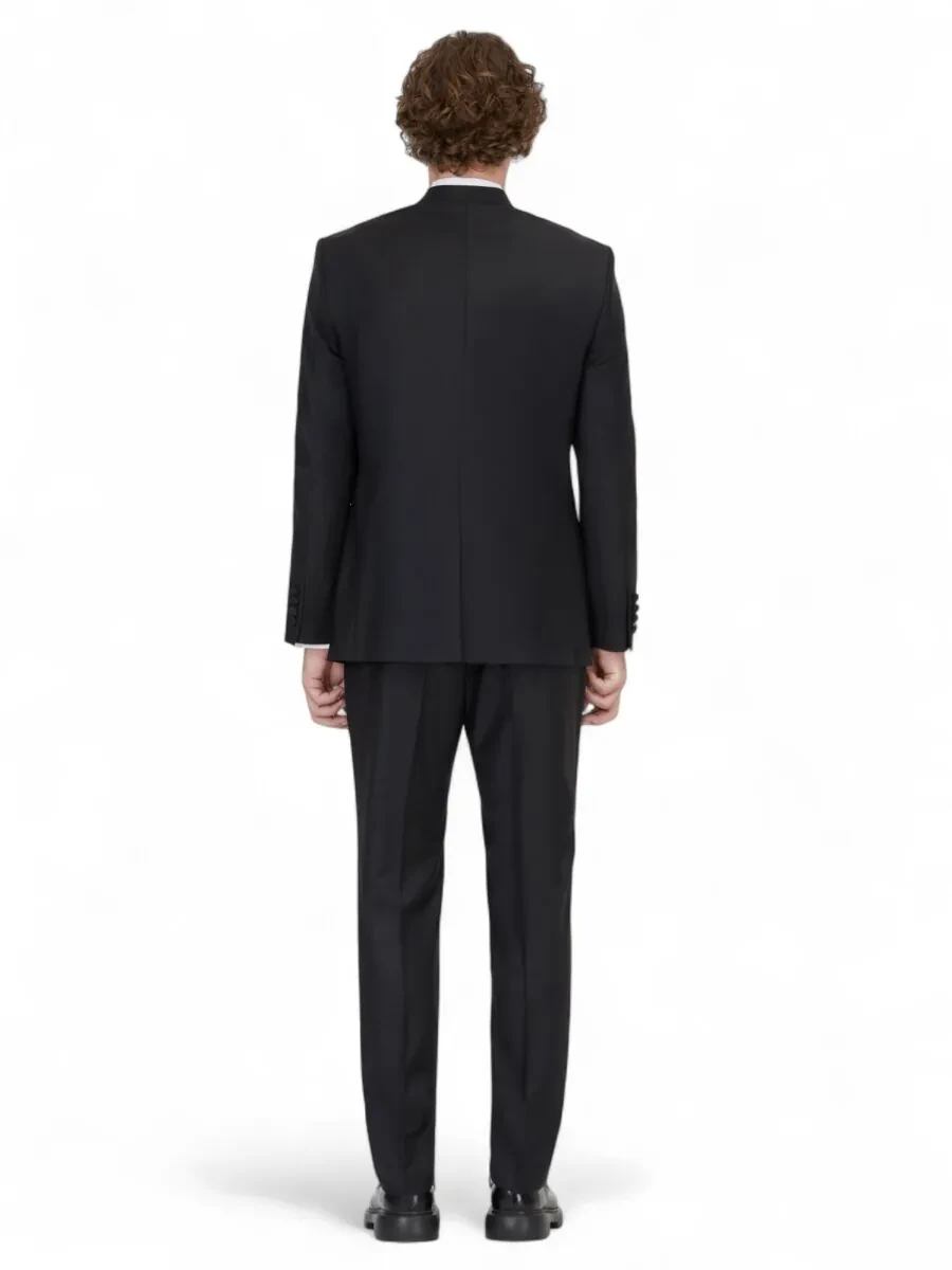 Black Plain Slim Fit Double Breasted Collar Weaving Tuxedo - 5