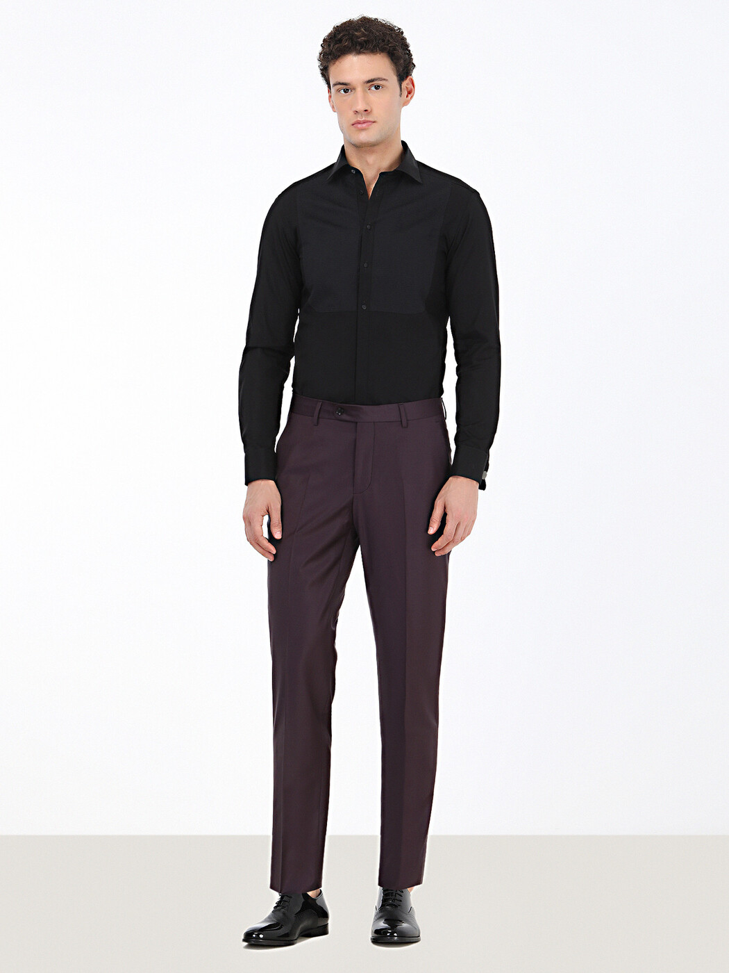 Black Plain Slim Fit Double Cuff Classic Collar Tuxedo Shirts - 2