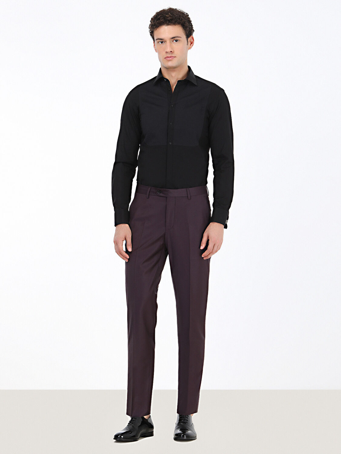 Black Plain Slim Fit Double Cuff Classic Collar Tuxedo Shirts - 2