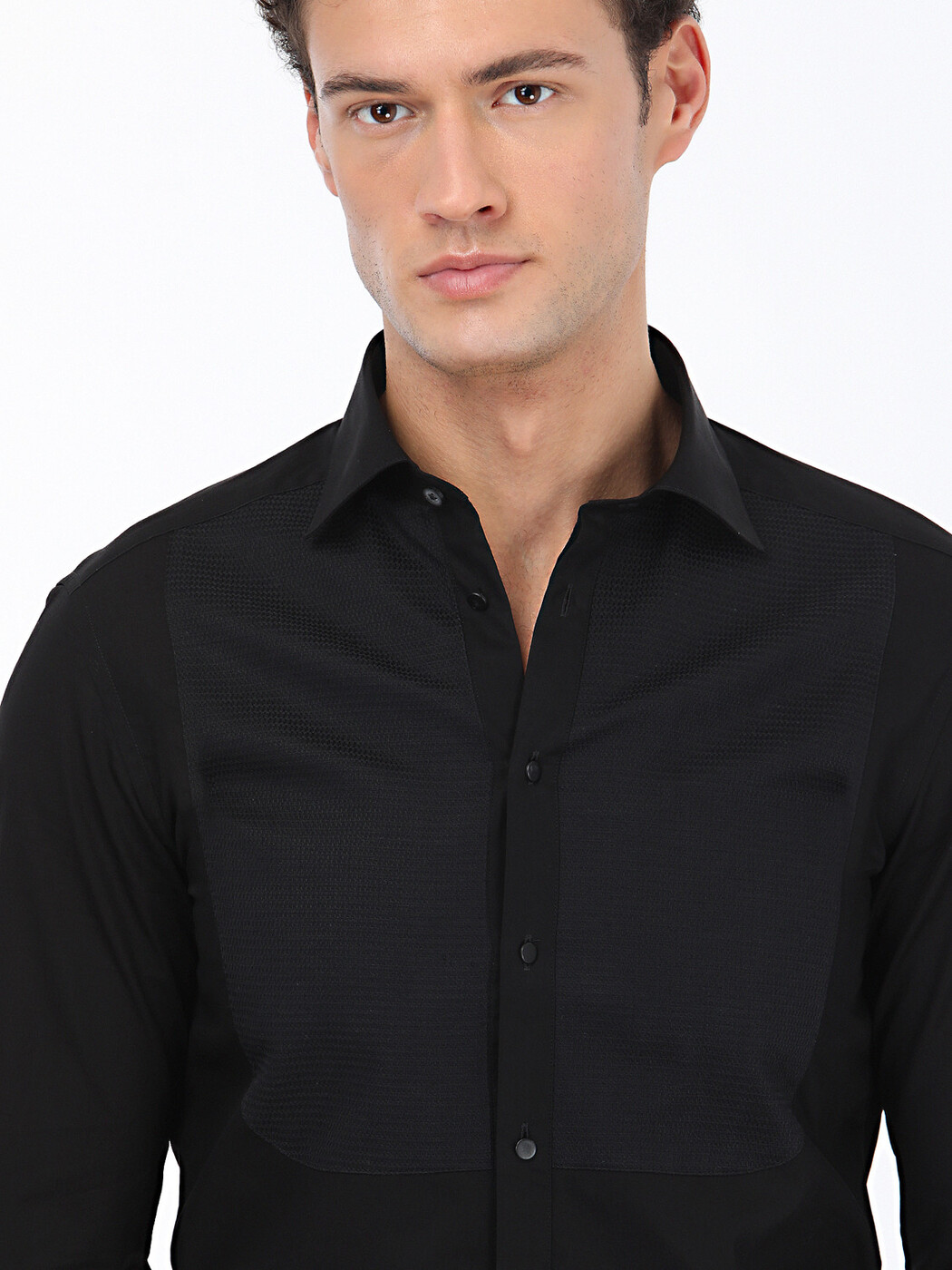 Black Plain Slim Fit Double Cuff Classic Collar Tuxedo Shirts - 3