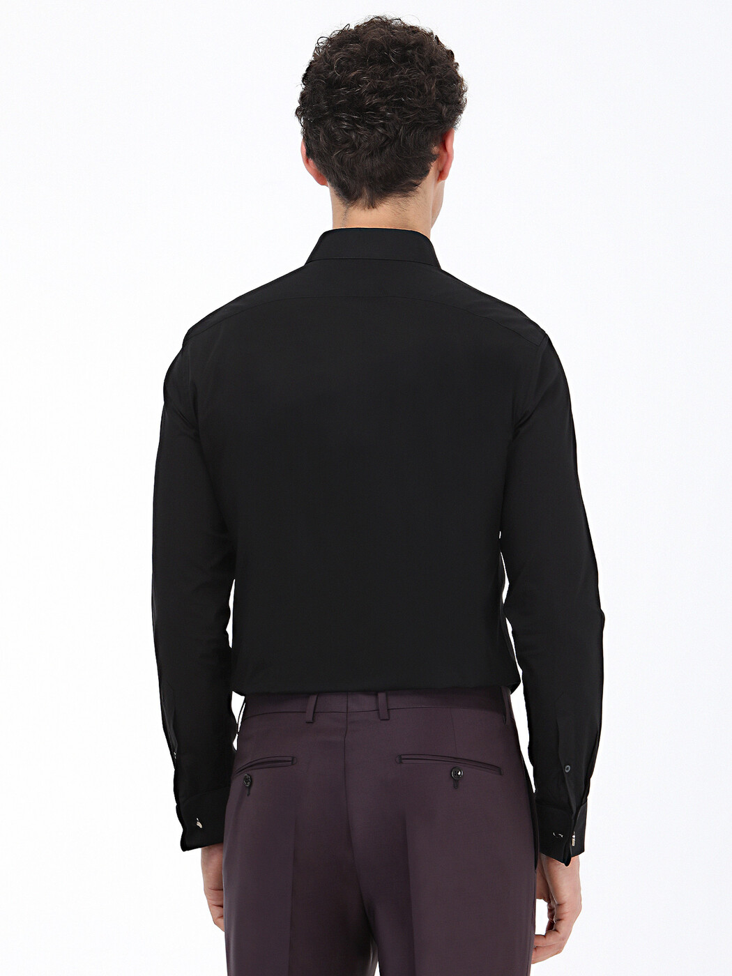 Black Plain Slim Fit Double Cuff Classic Collar Tuxedo Shirts - 5