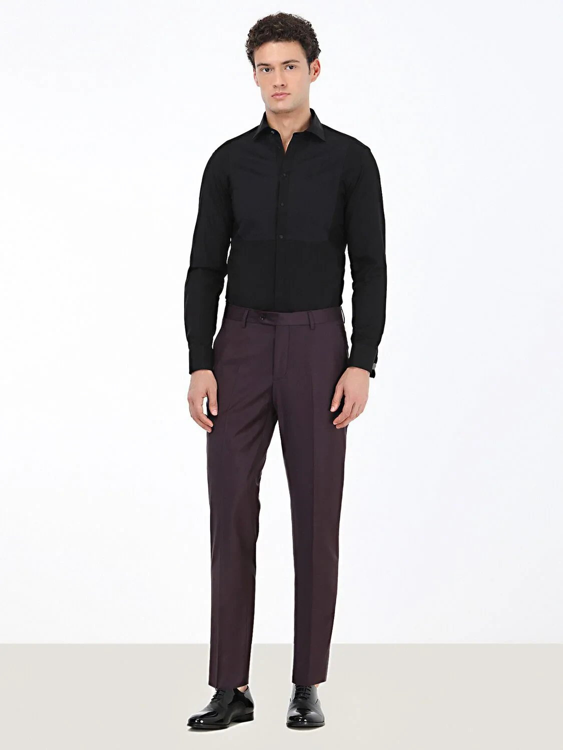Black Plain Slim Fit Double Cuff Classic Collar Tuxedo Shirts - 2