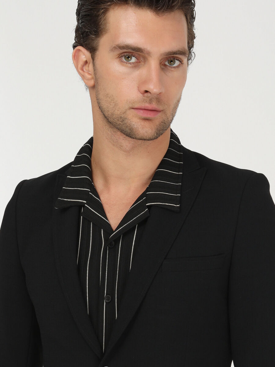 Black Plain Slim Fit Jacket - 3
