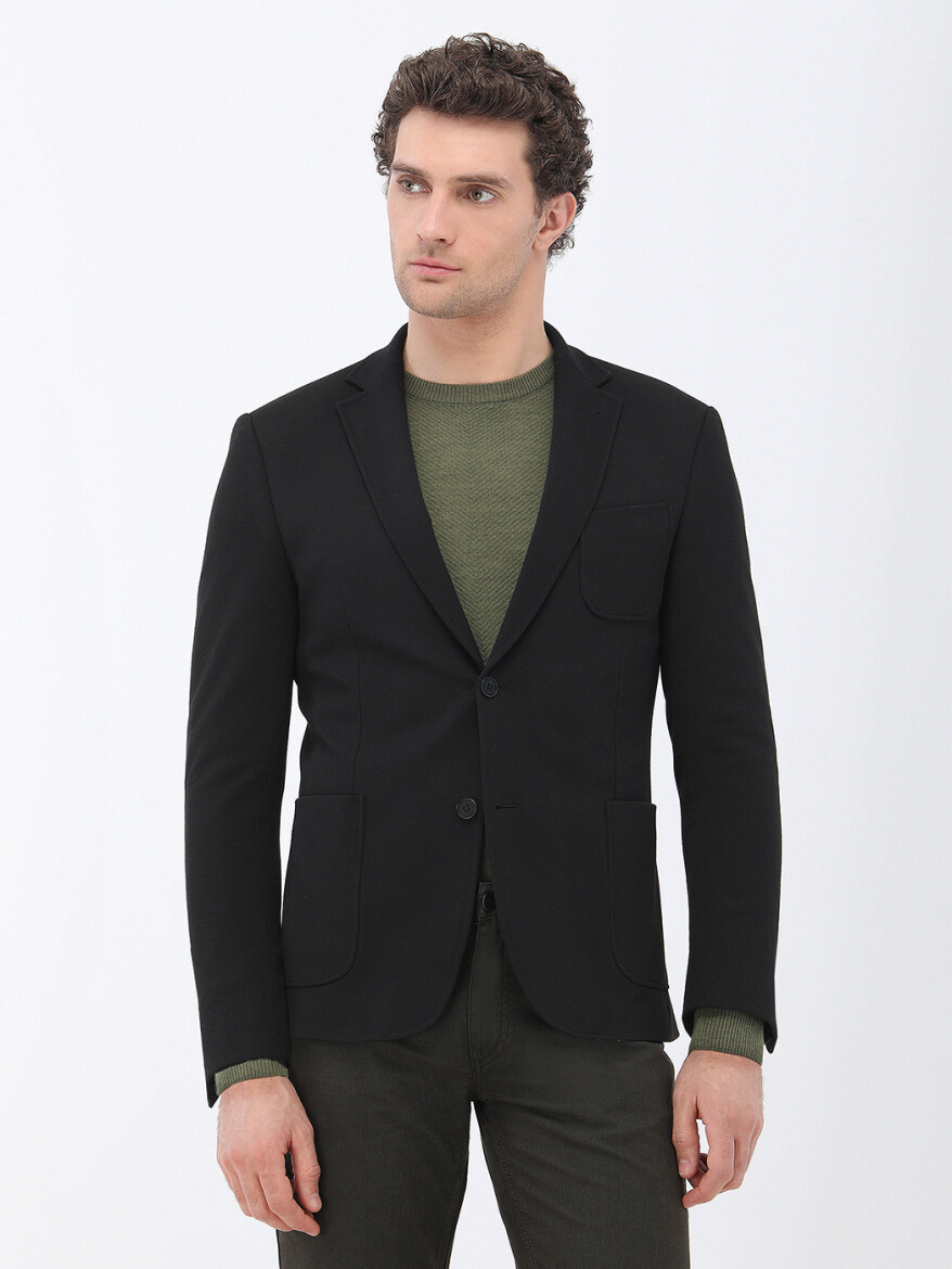 Black Plain Slim Fit Jacket - 1
