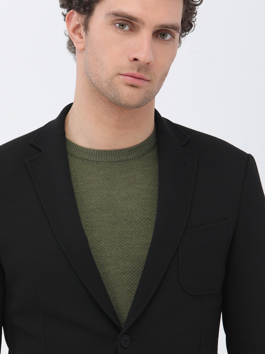 Black Plain Slim Fit Jacket - 3