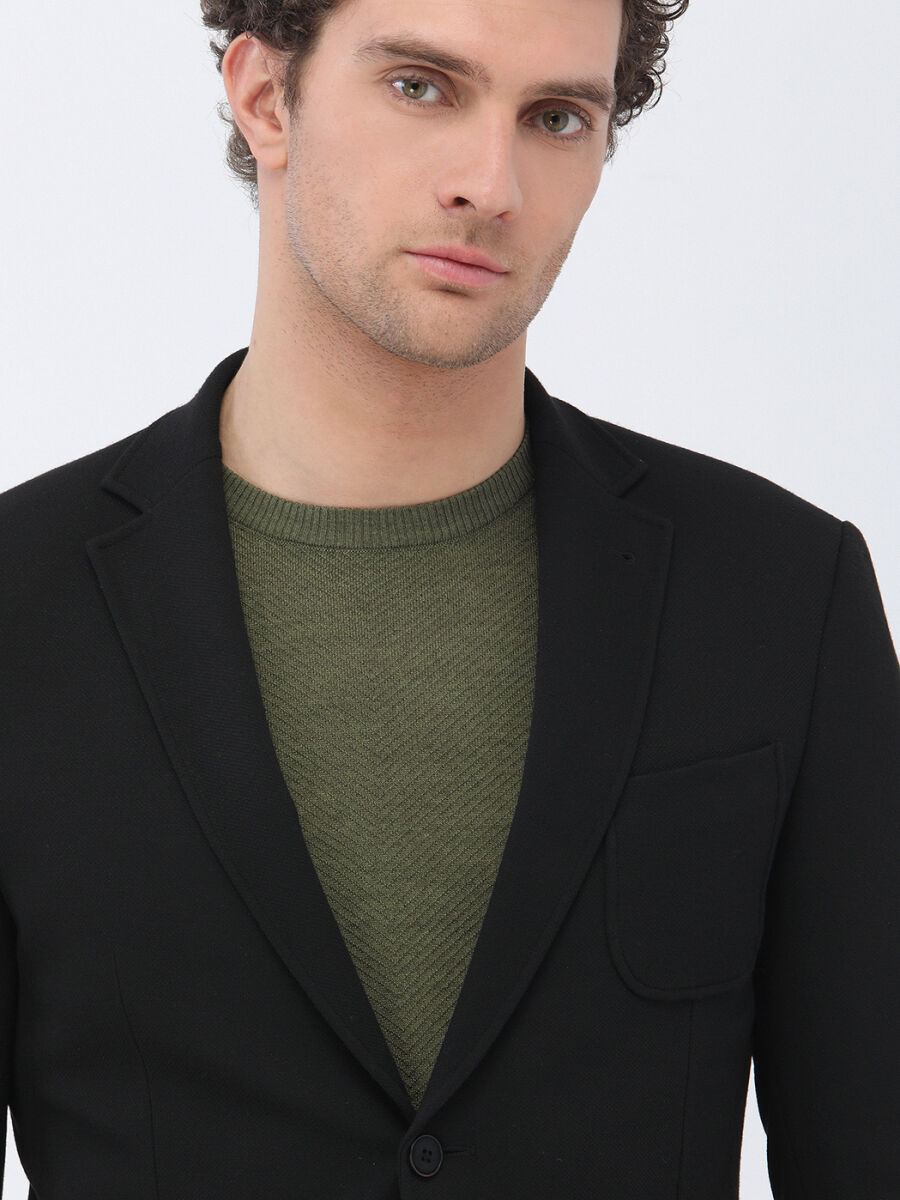 Black Plain Slim Fit Jacket - 3