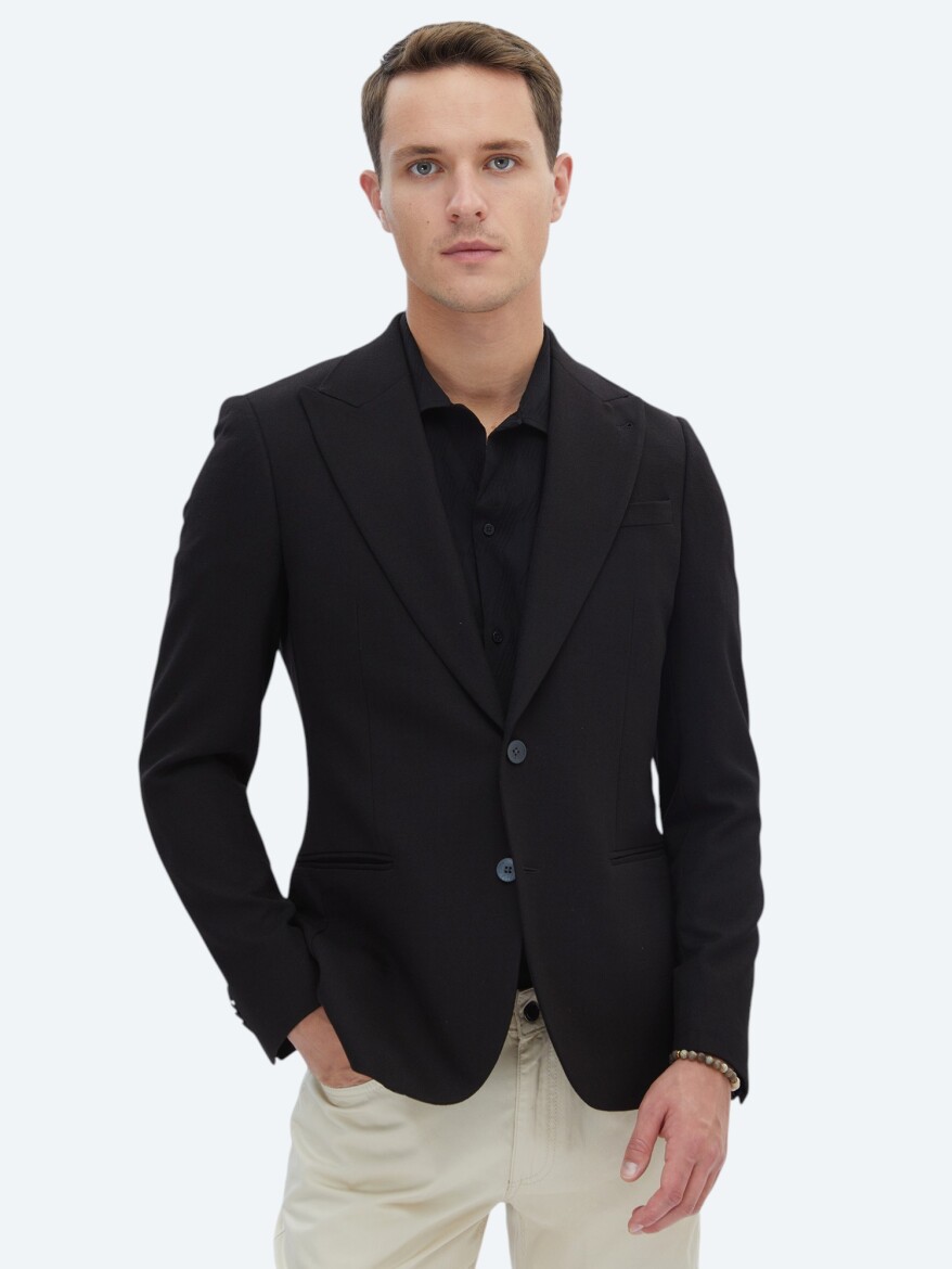 Black Plain Slim Fit Jacket - 1
