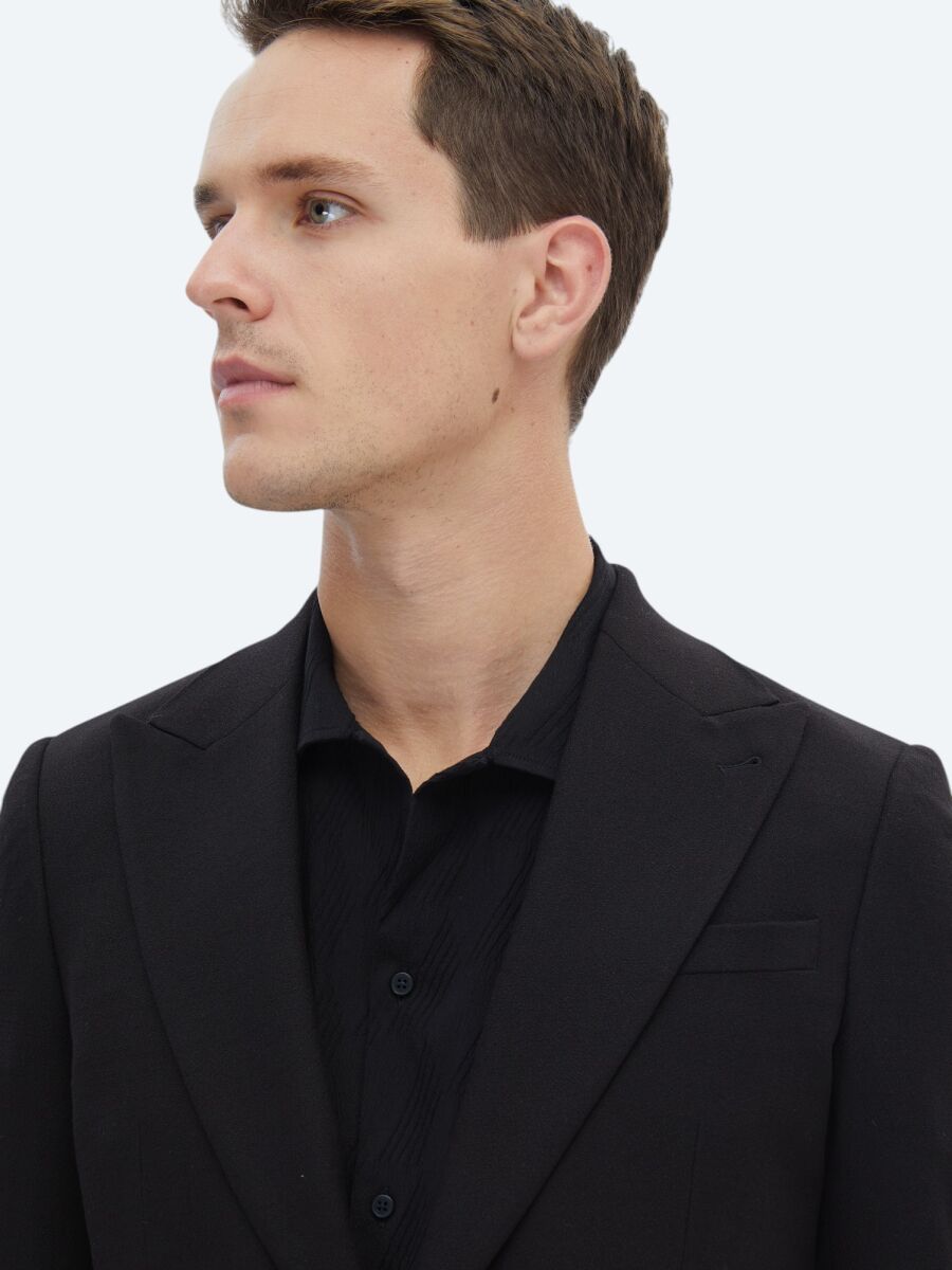 Black Plain Slim Fit Jacket - 4