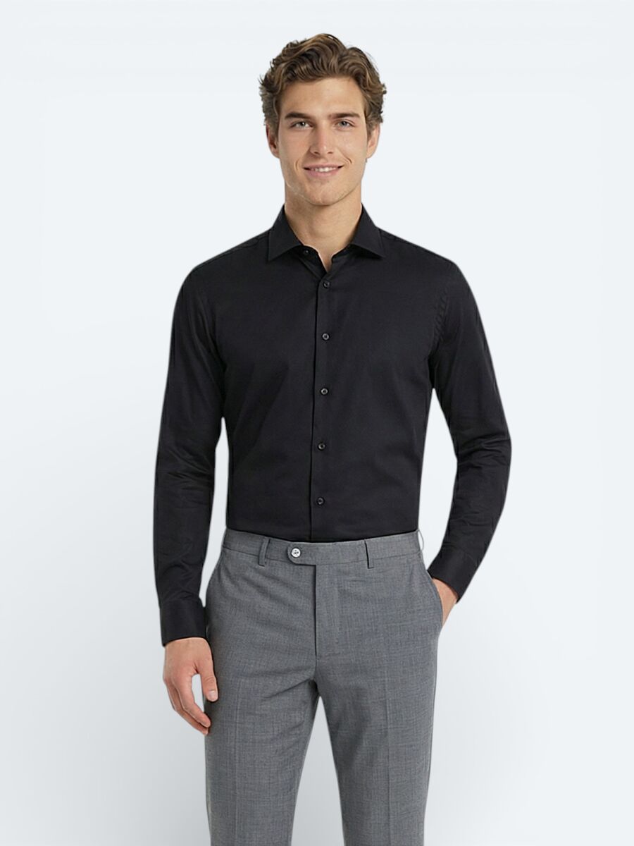 Black Plain Slim Fit Long Weaving Classical 100% Cotton Shirt - 1