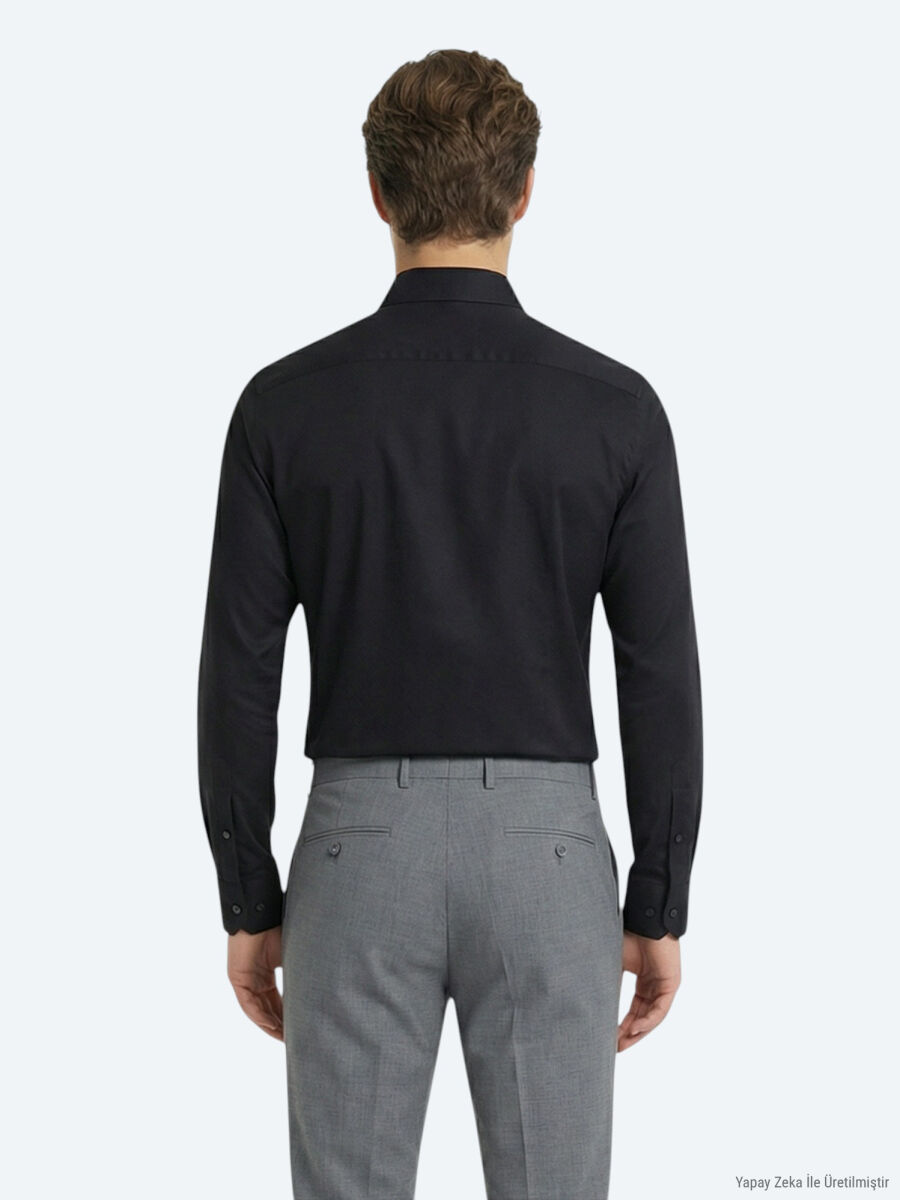 Black Plain Slim Fit Long Weaving Classical 100% Cotton Shirt - 4