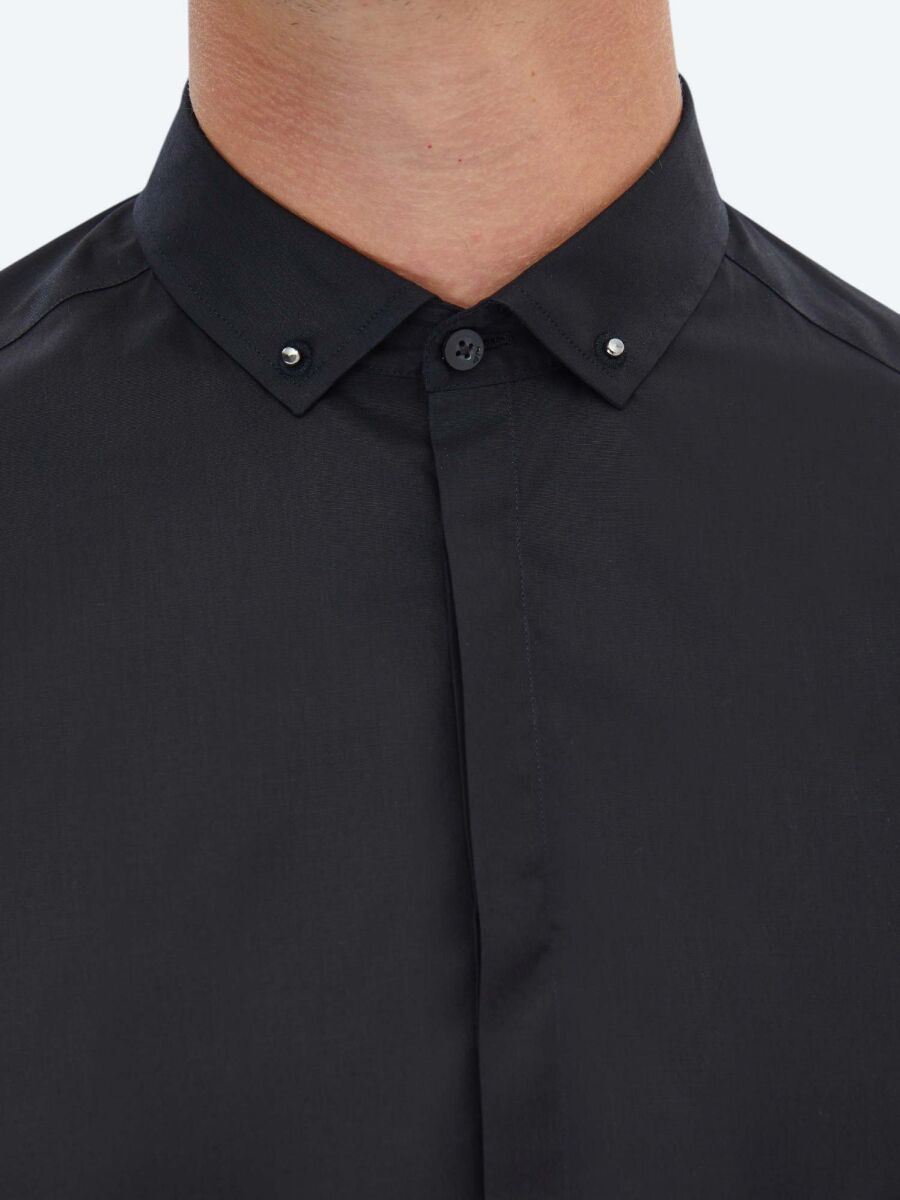 Black Plain Slim Fit Long Weaving Classical 100% Cotton Shirt - 4