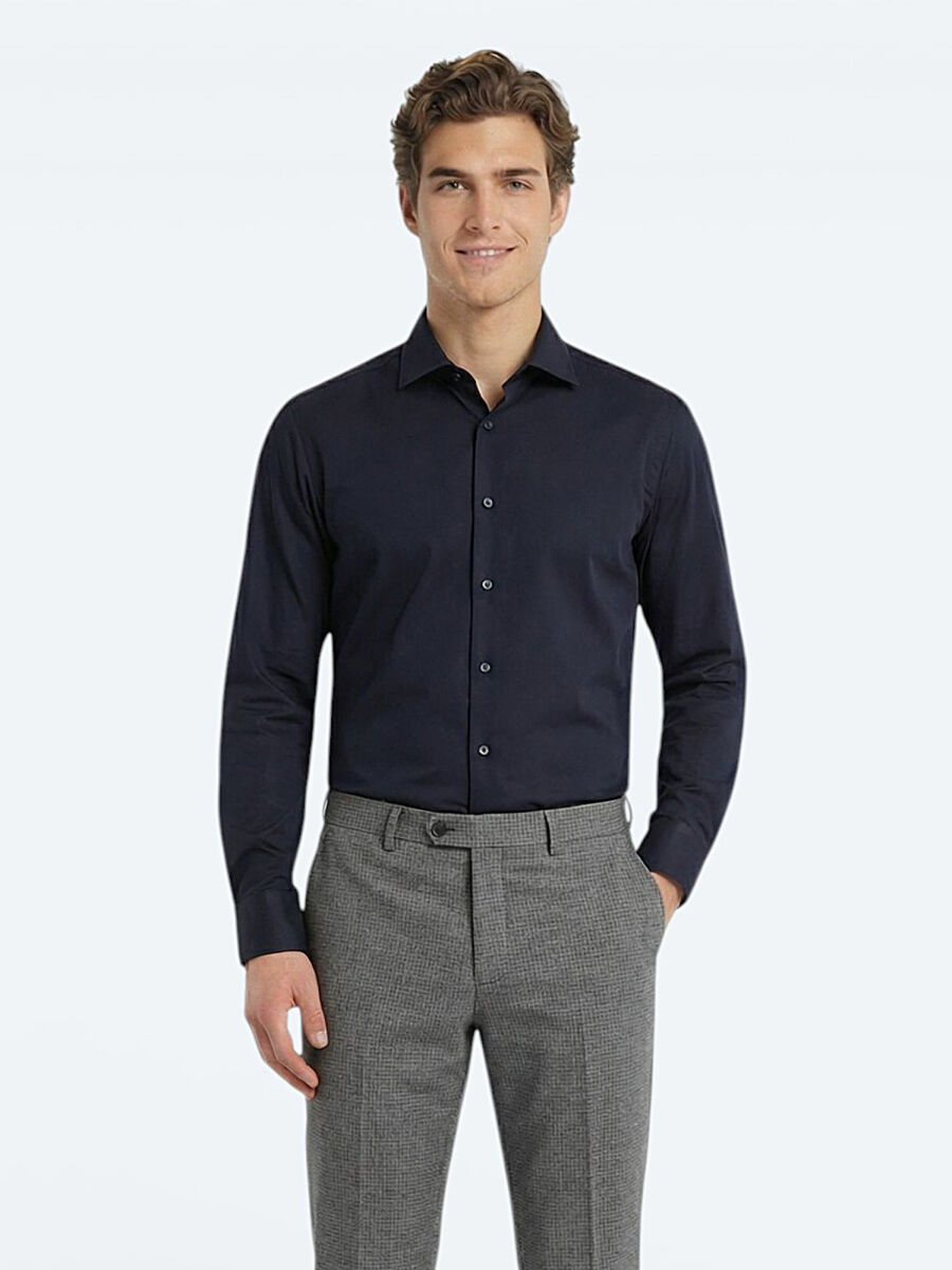 Black Plain Slim Fit Long Weaving Classical 100% Cotton Shirt - 1