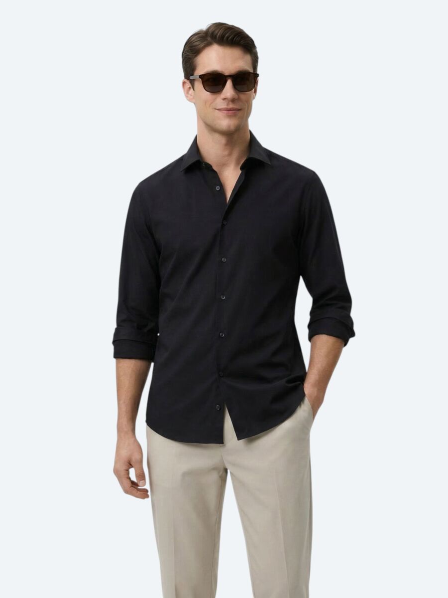 Black Plain Slim Fit Long Weaving Classical Cotton Blended Shirt - 1