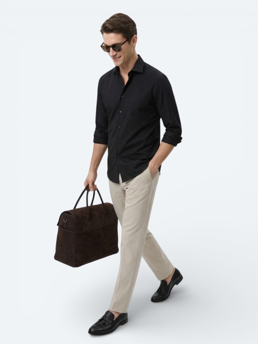 Black Plain Slim Fit Long Weaving Classical Cotton Blended Shirt - 3