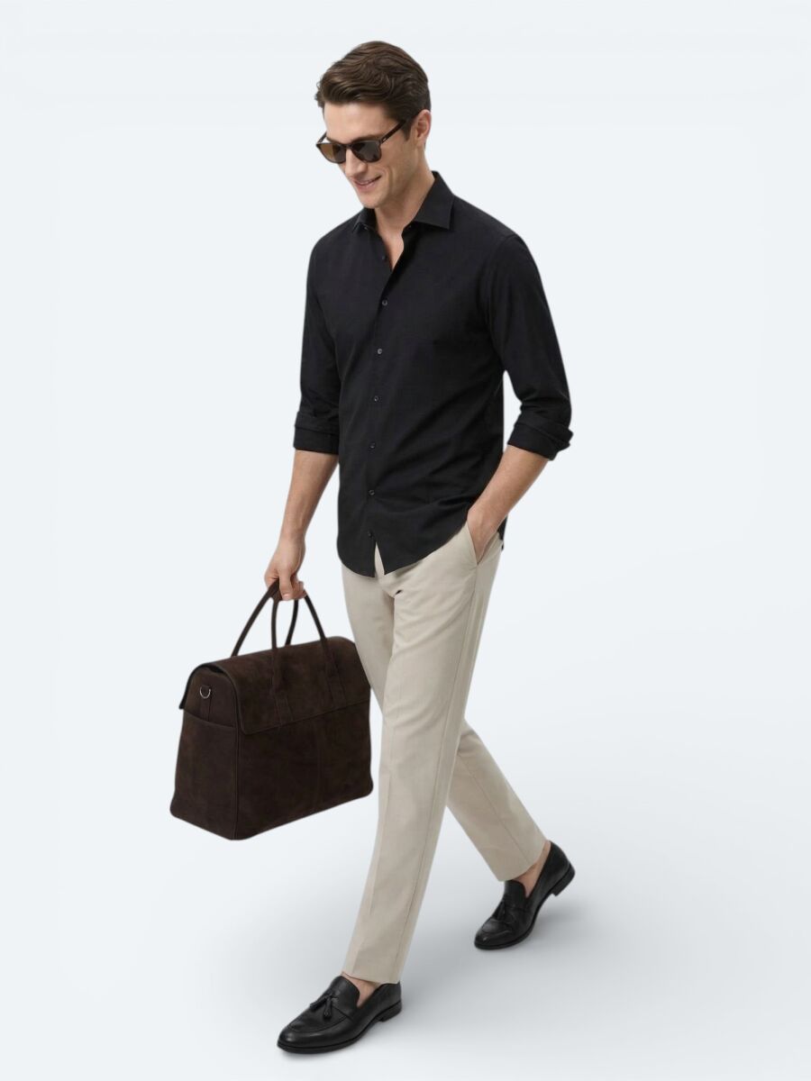 Black Plain Slim Fit Long Weaving Classical Cotton Blended Shirt - 3